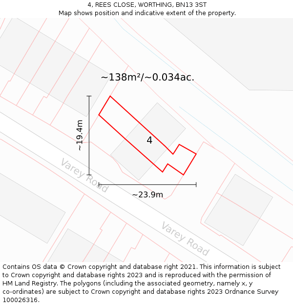 4, REES CLOSE, WORTHING, BN13 3ST: Plot and title map