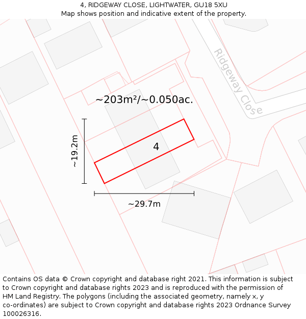 4, RIDGEWAY CLOSE, LIGHTWATER, GU18 5XU: Plot and title map