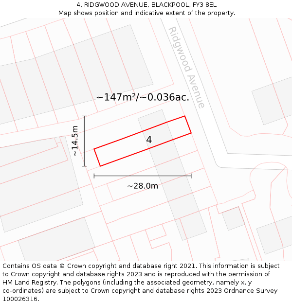 4, RIDGWOOD AVENUE, BLACKPOOL, FY3 8EL: Plot and title map