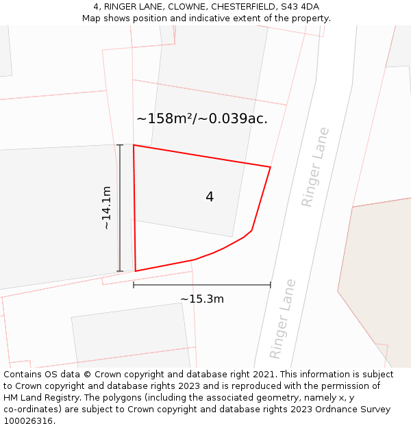 4, RINGER LANE, CLOWNE, CHESTERFIELD, S43 4DA: Plot and title map