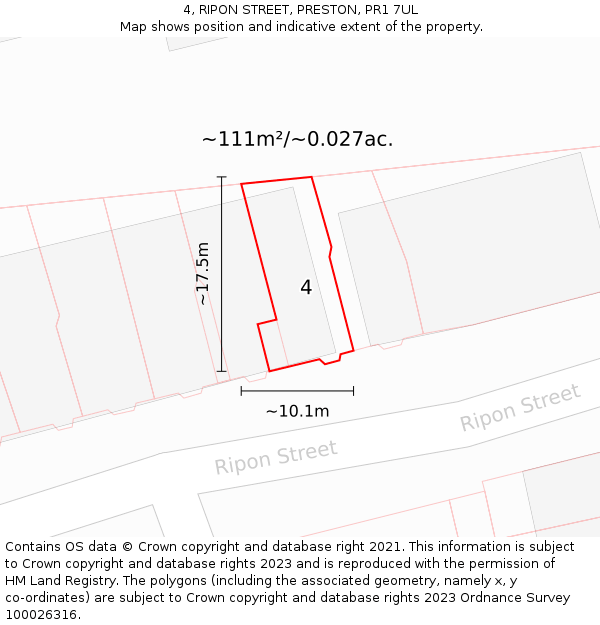 4, RIPON STREET, PRESTON, PR1 7UL: Plot and title map