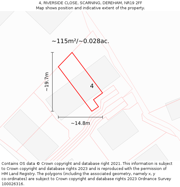 4, RIVERSIDE CLOSE, SCARNING, DEREHAM, NR19 2FF: Plot and title map