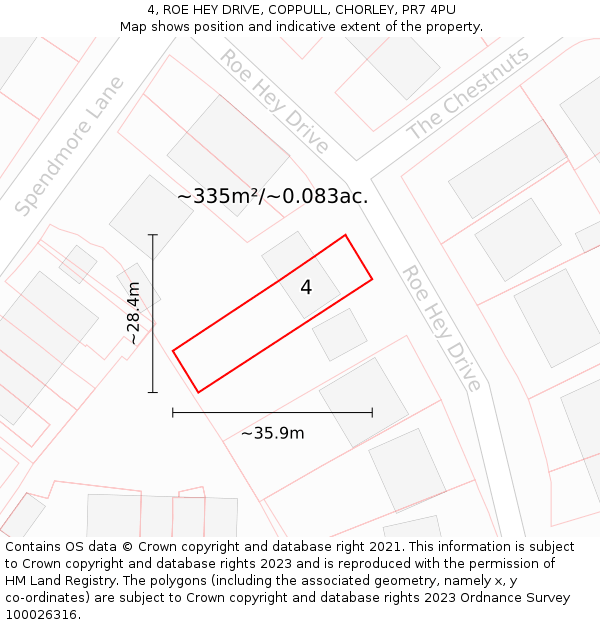 4, ROE HEY DRIVE, COPPULL, CHORLEY, PR7 4PU: Plot and title map