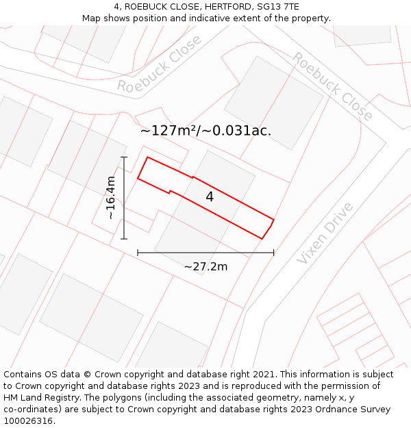 4, ROEBUCK CLOSE, HERTFORD, SG13 7TE: Plot and title map