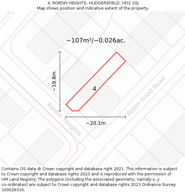 4, RORDIN HEIGHTS, HUDDERSFIELD, HD2 1GJ: Plot and title map