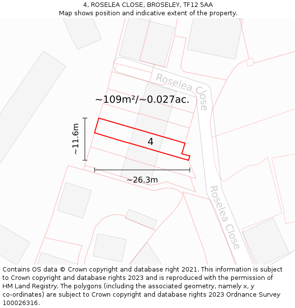 4, ROSELEA CLOSE, BROSELEY, TF12 5AA: Plot and title map