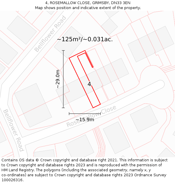 4, ROSEMALLOW CLOSE, GRIMSBY, DN33 3EN: Plot and title map