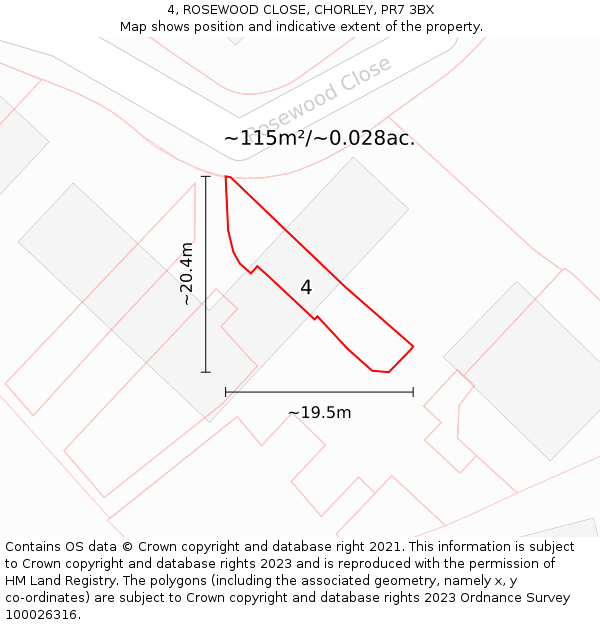 4, ROSEWOOD CLOSE, CHORLEY, PR7 3BX: Plot and title map