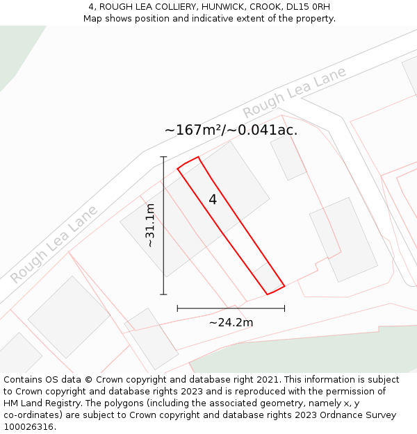 4, ROUGH LEA COLLIERY, HUNWICK, CROOK, DL15 0RH: Plot and title map