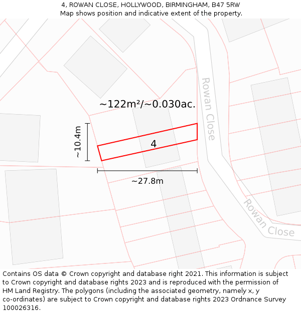 4, ROWAN CLOSE, HOLLYWOOD, BIRMINGHAM, B47 5RW: Plot and title map