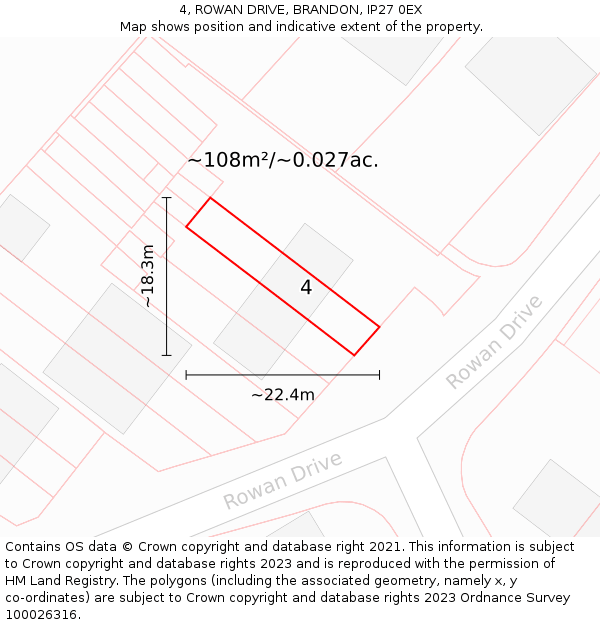 4, ROWAN DRIVE, BRANDON, IP27 0EX: Plot and title map