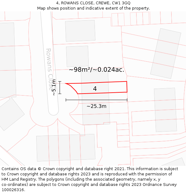 4, ROWANS CLOSE, CREWE, CW1 3GQ: Plot and title map