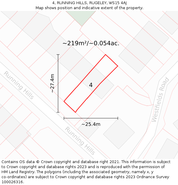 4, RUNNING HILLS, RUGELEY, WS15 4AJ: Plot and title map