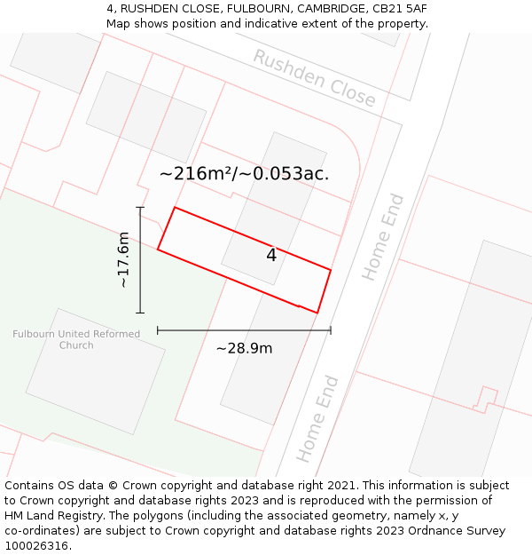 4, RUSHDEN CLOSE, FULBOURN, CAMBRIDGE, CB21 5AF: Plot and title map