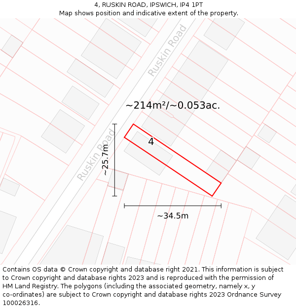4, RUSKIN ROAD, IPSWICH, IP4 1PT: Plot and title map