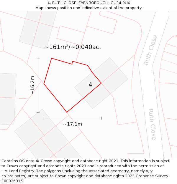4, RUTH CLOSE, FARNBOROUGH, GU14 9UX: Plot and title map