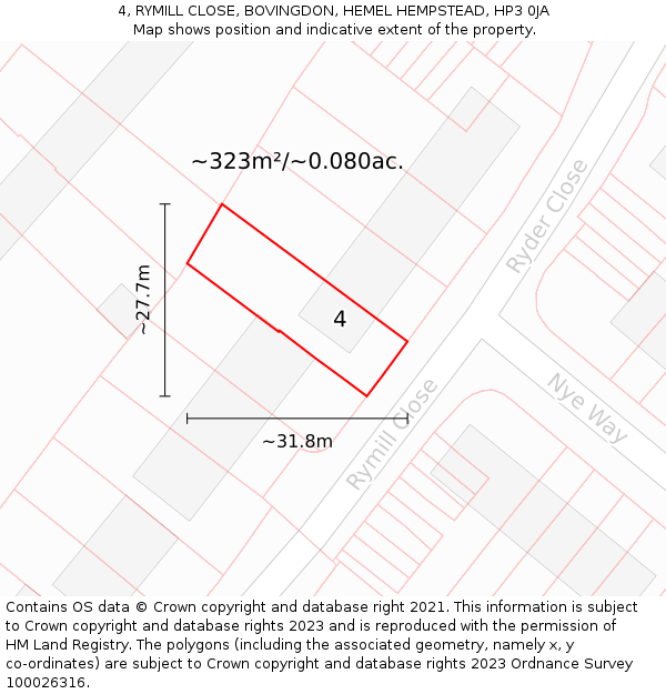 4, RYMILL CLOSE, BOVINGDON, HEMEL HEMPSTEAD, HP3 0JA: Plot and title map