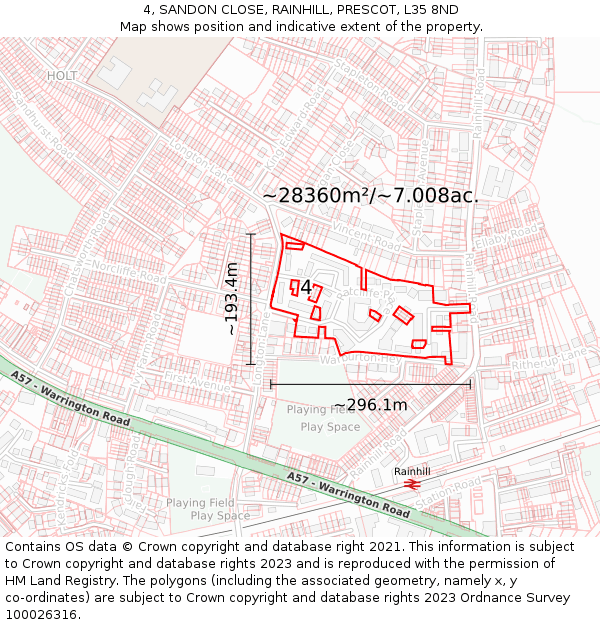4, SANDON CLOSE, RAINHILL, PRESCOT, L35 8ND: Plot and title map