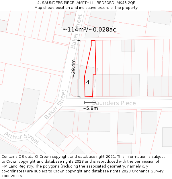 4, SAUNDERS PIECE, AMPTHILL, BEDFORD, MK45 2QB: Plot and title map