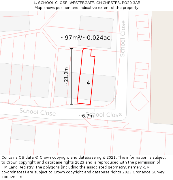 4, SCHOOL CLOSE, WESTERGATE, CHICHESTER, PO20 3AB: Plot and title map