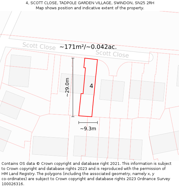 4, SCOTT CLOSE, TADPOLE GARDEN VILLAGE, SWINDON, SN25 2RH: Plot and title map