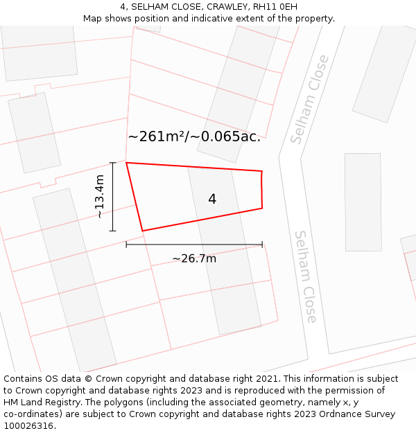 4, SELHAM CLOSE, CRAWLEY, RH11 0EH: Plot and title map