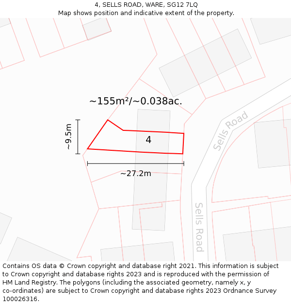4, SELLS ROAD, WARE, SG12 7LQ: Plot and title map