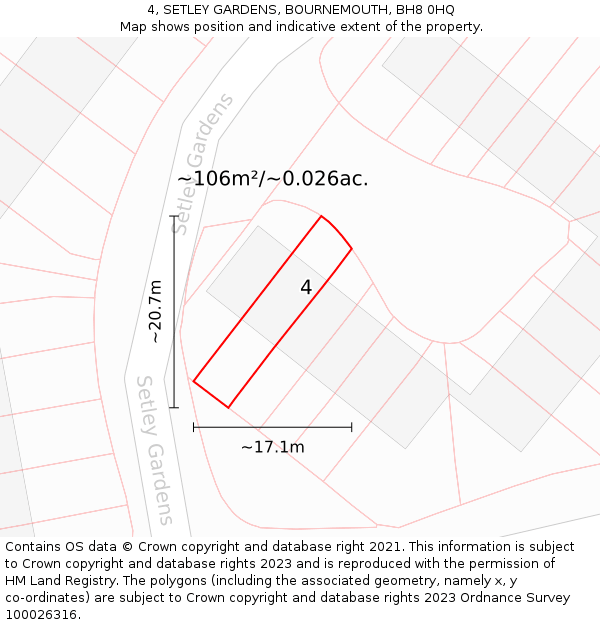 4, SETLEY GARDENS, BOURNEMOUTH, BH8 0HQ: Plot and title map