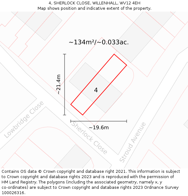 4, SHERLOCK CLOSE, WILLENHALL, WV12 4EH: Plot and title map