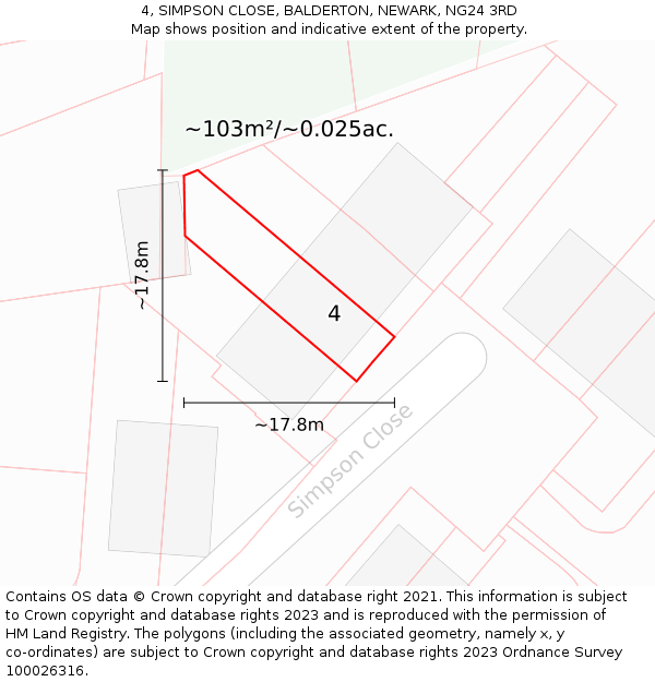 4, SIMPSON CLOSE, BALDERTON, NEWARK, NG24 3RD: Plot and title map