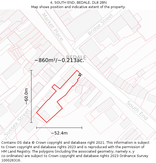 4, SOUTH END, BEDALE, DL8 2BN: Plot and title map