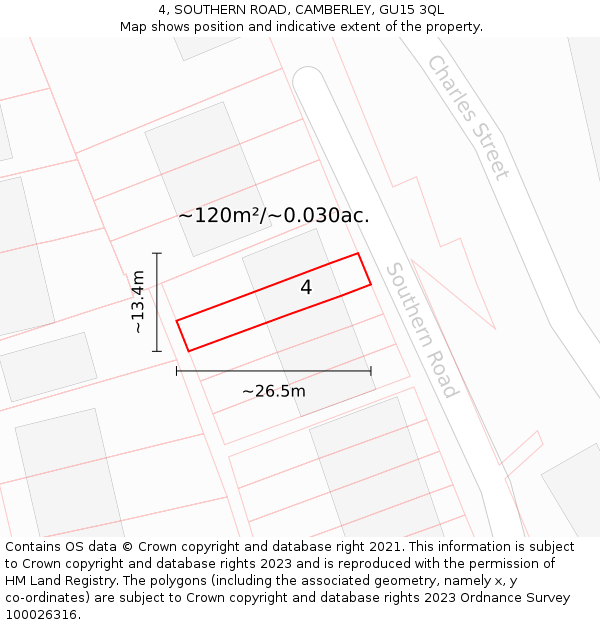 4, SOUTHERN ROAD, CAMBERLEY, GU15 3QL: Plot and title map
