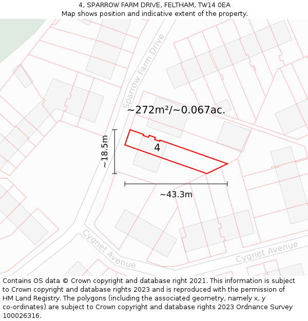 4, SPARROW FARM DRIVE, FELTHAM, TW14 0EA: Plot and title map