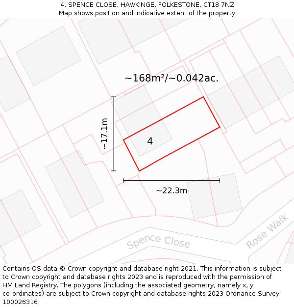 4, SPENCE CLOSE, HAWKINGE, FOLKESTONE, CT18 7NZ: Plot and title map