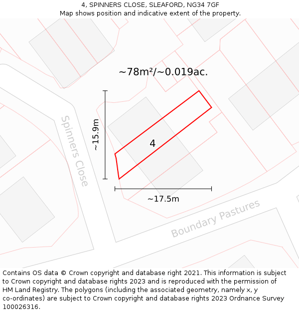 4, SPINNERS CLOSE, SLEAFORD, NG34 7GF: Plot and title map