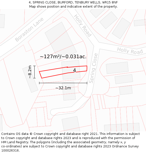 4, SPRING CLOSE, BURFORD, TENBURY WELLS, WR15 8NF: Plot and title map