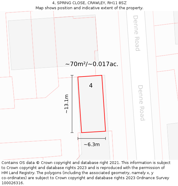 4, SPRING CLOSE, CRAWLEY, RH11 8SZ: Plot and title map
