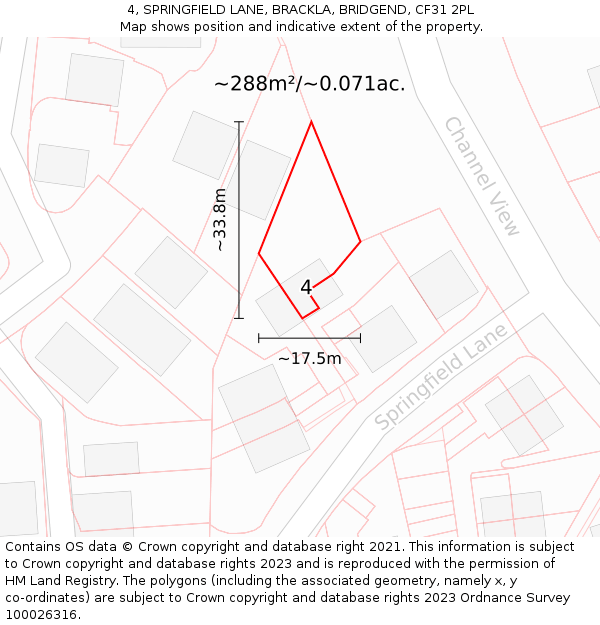 4, SPRINGFIELD LANE, BRACKLA, BRIDGEND, CF31 2PL: Plot and title map