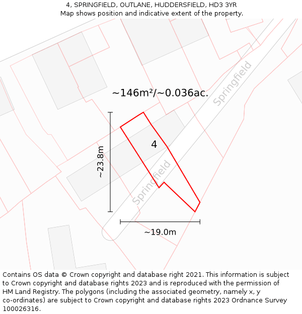 4, SPRINGFIELD, OUTLANE, HUDDERSFIELD, HD3 3YR: Plot and title map