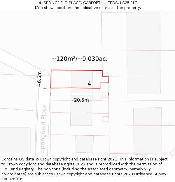 4, SPRINGFIELD PLACE, GARFORTH, LEEDS, LS25 1LT: Plot and title map