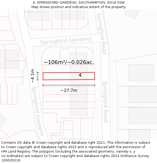4, SPRINGFORD GARDENS, SOUTHAMPTON, SO16 5SW: Plot and title map