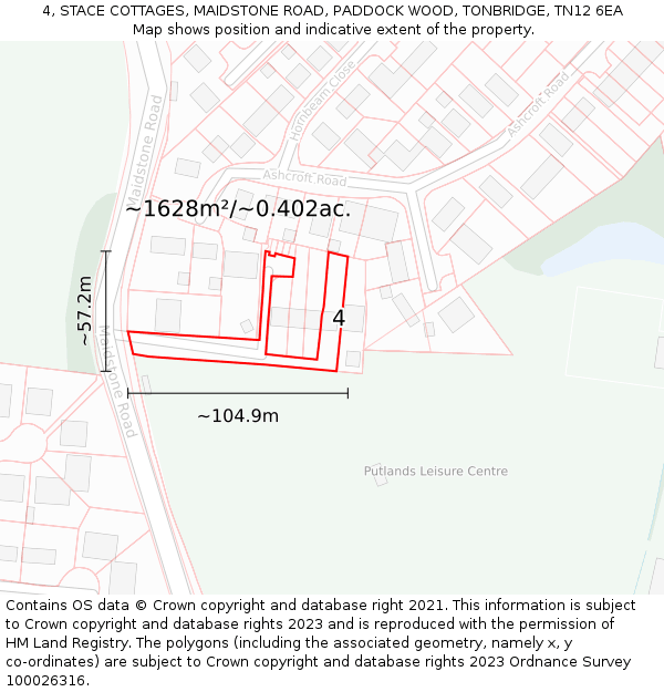 4, STACE COTTAGES, MAIDSTONE ROAD, PADDOCK WOOD, TONBRIDGE, TN12 6EA: Plot and title map
