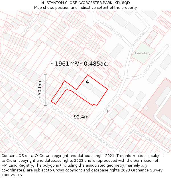 4, STANTON CLOSE, WORCESTER PARK, KT4 8QD: Plot and title map