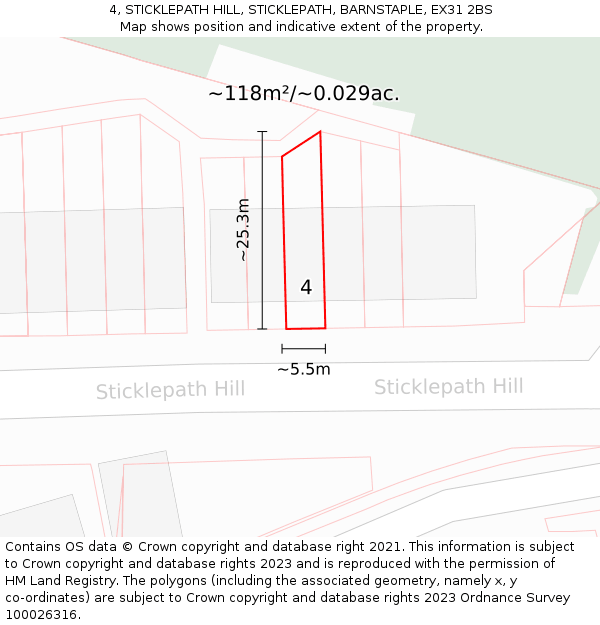 4, STICKLEPATH HILL, STICKLEPATH, BARNSTAPLE, EX31 2BS: Plot and title map