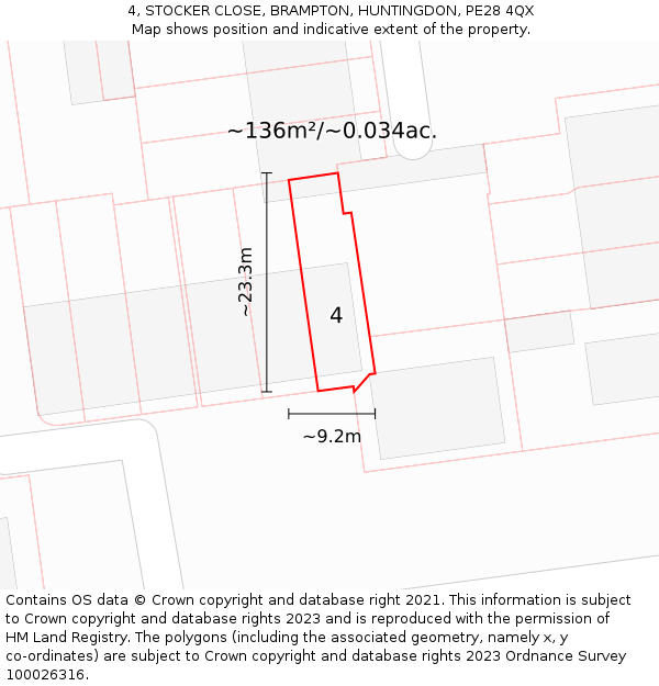 4, STOCKER CLOSE, BRAMPTON, HUNTINGDON, PE28 4QX: Plot and title map