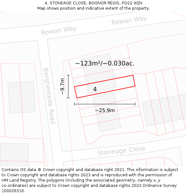 4, STONEAGE CLOSE, BOGNOR REGIS, PO22 9QN: Plot and title map