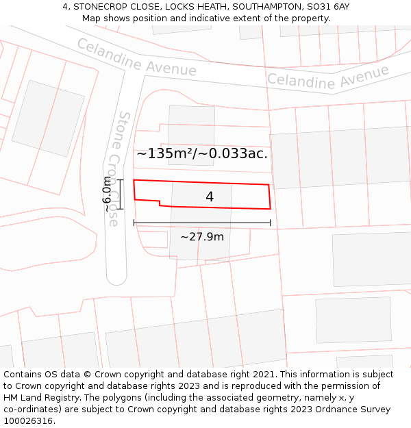 4, STONECROP CLOSE, LOCKS HEATH, SOUTHAMPTON, SO31 6AY: Plot and title map