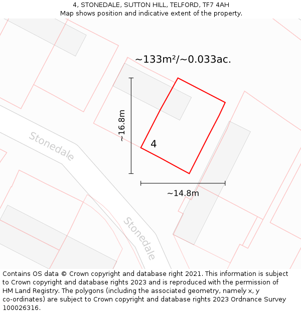 4, STONEDALE, SUTTON HILL, TELFORD, TF7 4AH: Plot and title map