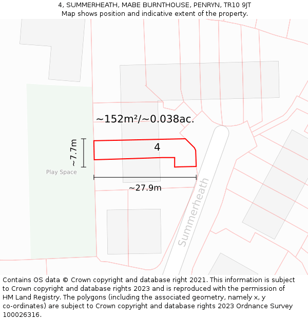 4, SUMMERHEATH, MABE BURNTHOUSE, PENRYN, TR10 9JT: Plot and title map