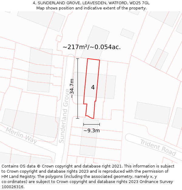 4, SUNDERLAND GROVE, LEAVESDEN, WATFORD, WD25 7GL: Plot and title map